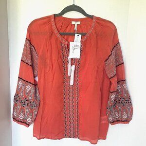 Joie Boho Top Womens Small V-Neck Sleeve Cotton Gauze Peasant Coral Lightweight